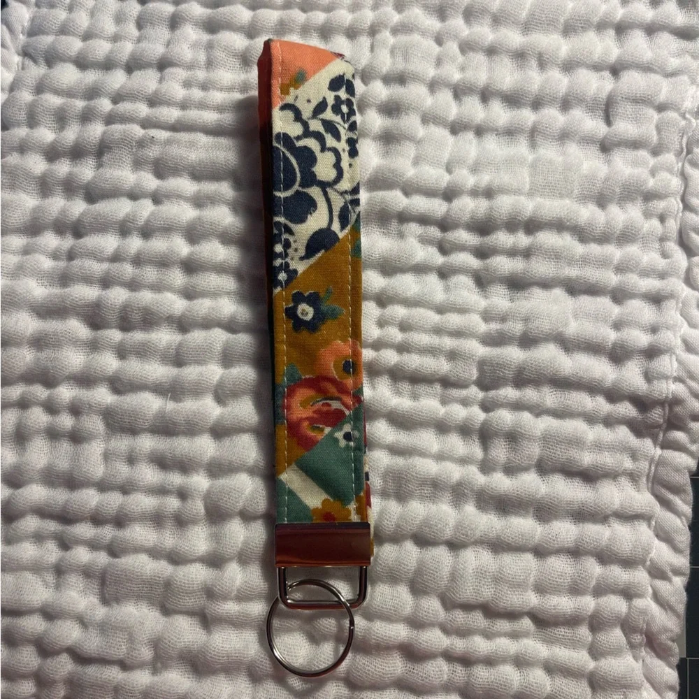 Handmade Hand Sewn Orange Floral Key Fob Keychain Wristlet 100% Cotton